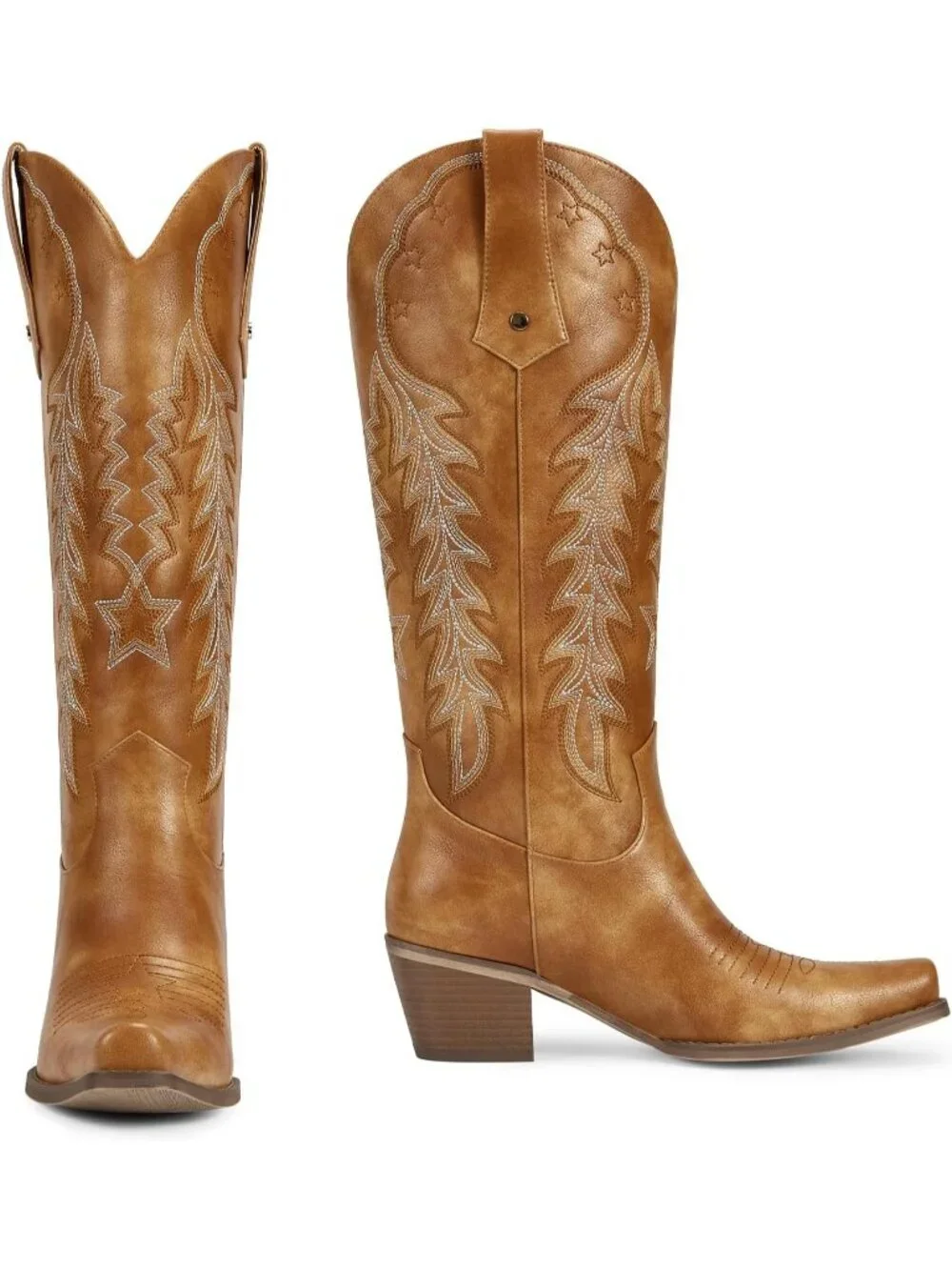 Women's Brown Cowboy Knee High Cowgirl Boots Pointed Toe Chunky Heels